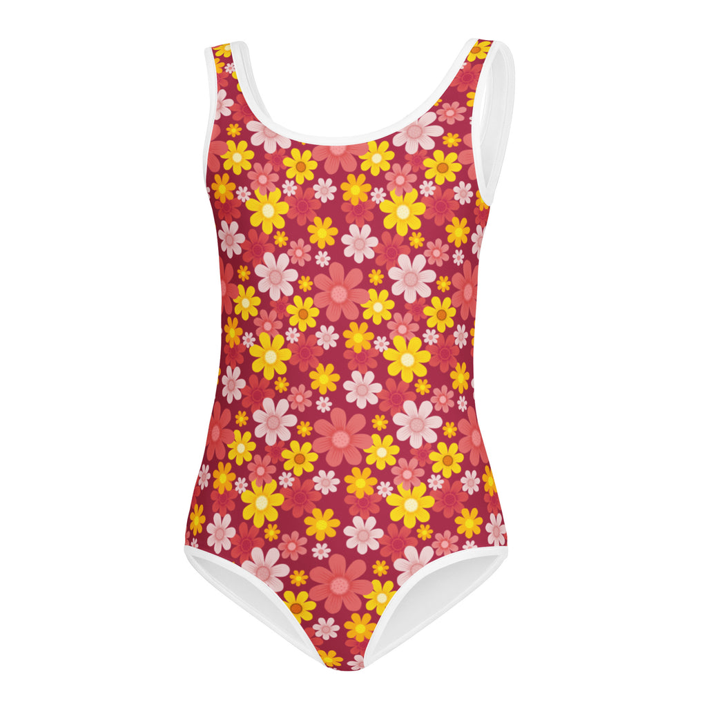 A vibrant red girls floral buttery soft leotard with yellow pink and white daisies quick drying for dance and gymnastics