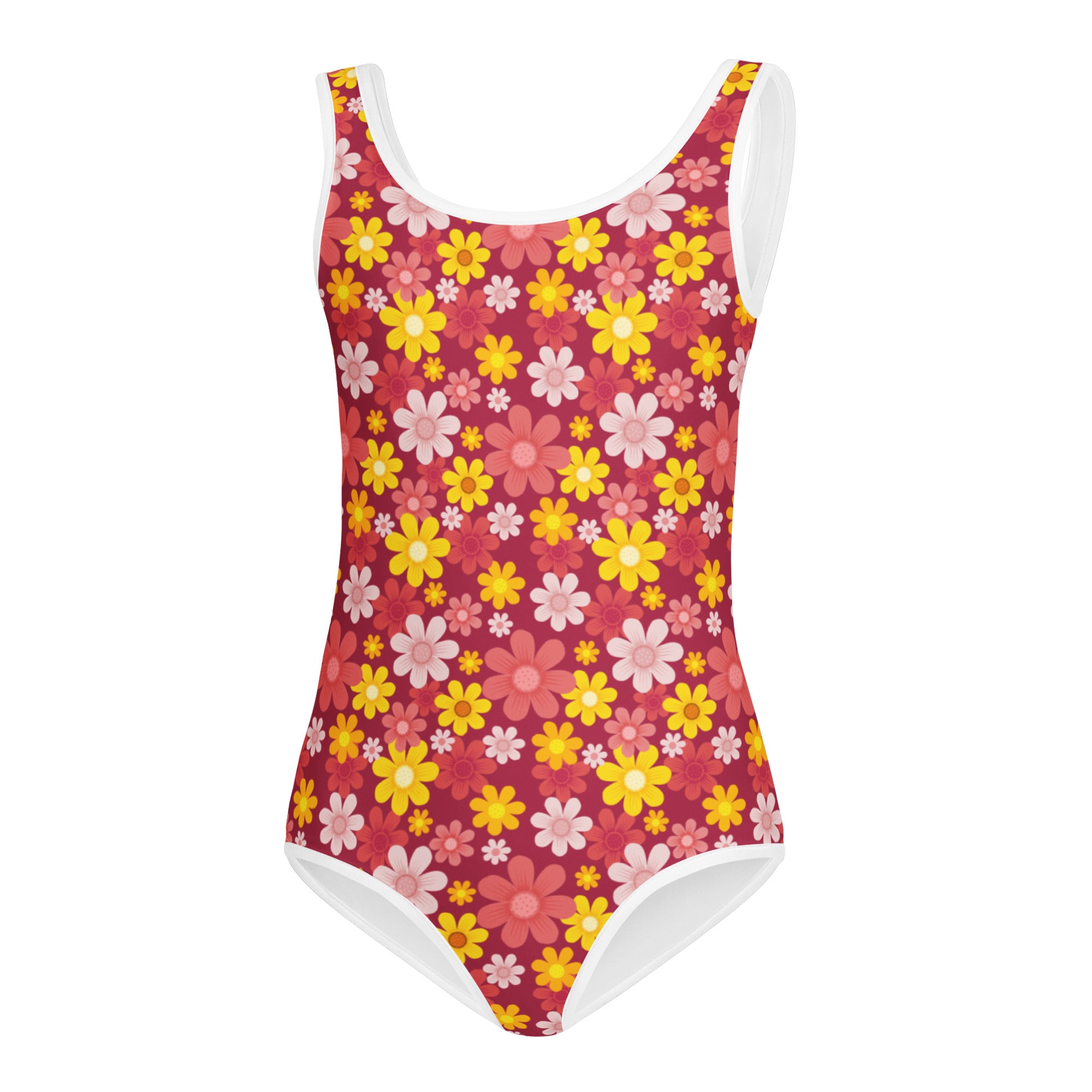 A vibrant red girls floral buttery soft leotard with yellow pink and white daisies quick drying for dance and gymnastics
