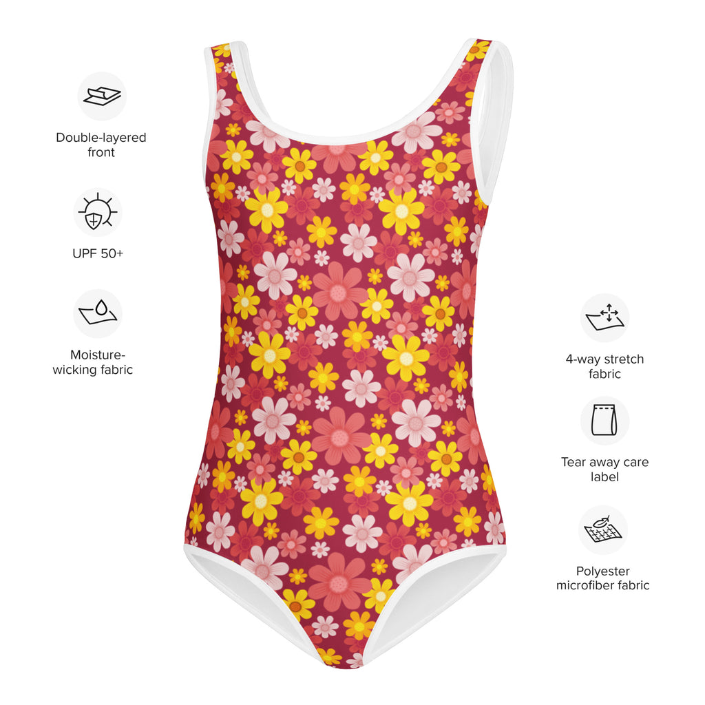 Girls red floral buttery soft quick drying one-piece swimsuit with colorful flowers for dance and gymnastics