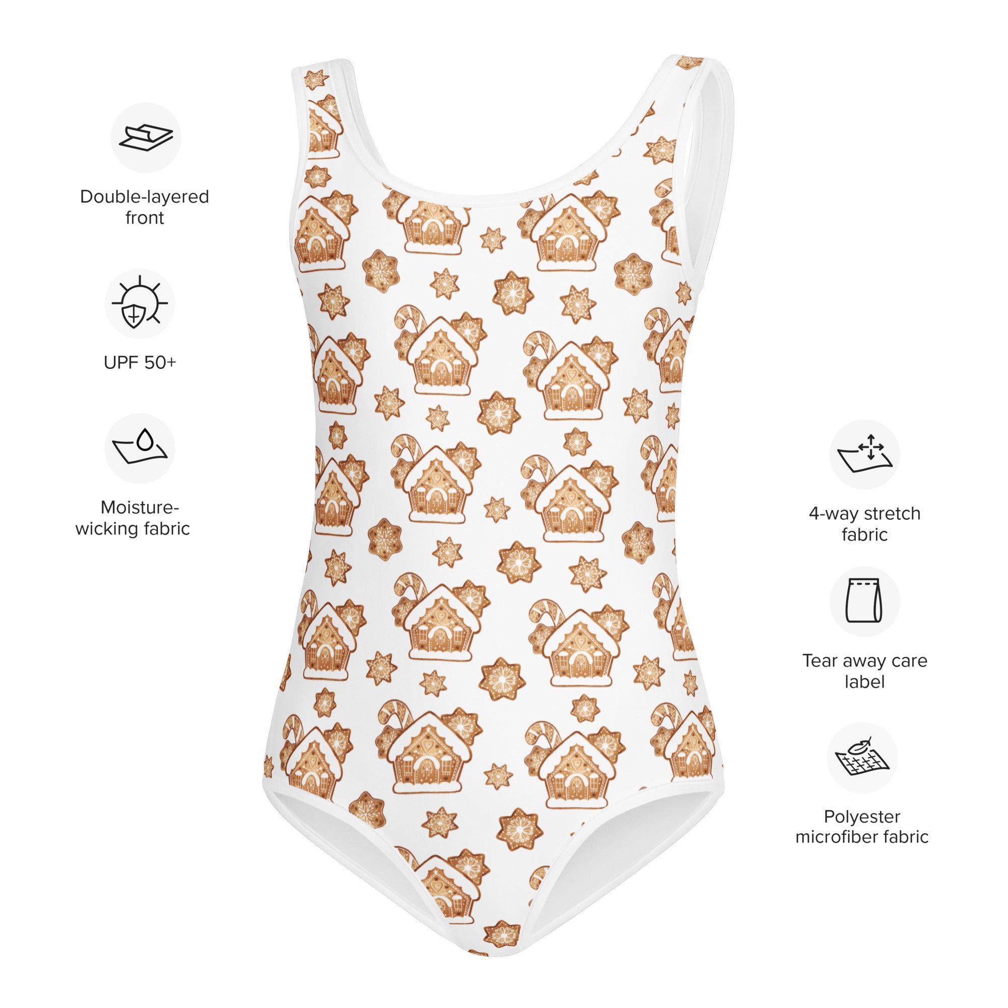 White girls one-piece swimsuit with gingerbread house candy cane pattern buttery soft fabric upf 50+ protection