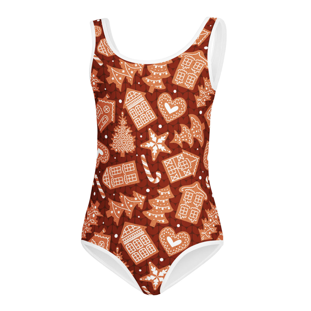 Girls red buttery soft quick drying leotard with festive gingerbread house tree and candy cane pattern in white icing details