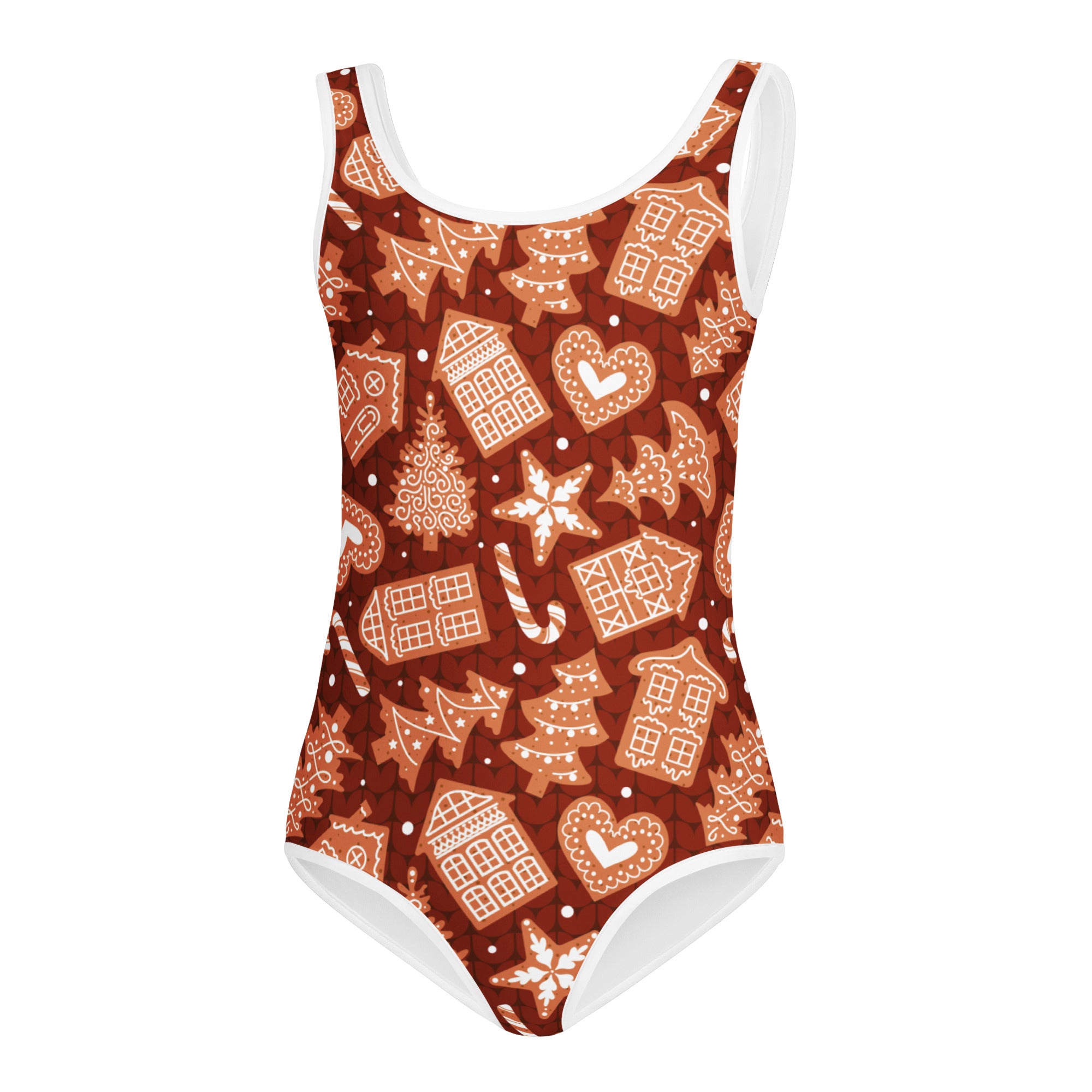 Girls red buttery soft quick drying leotard with festive gingerbread house tree and candy cane pattern in white icing details
