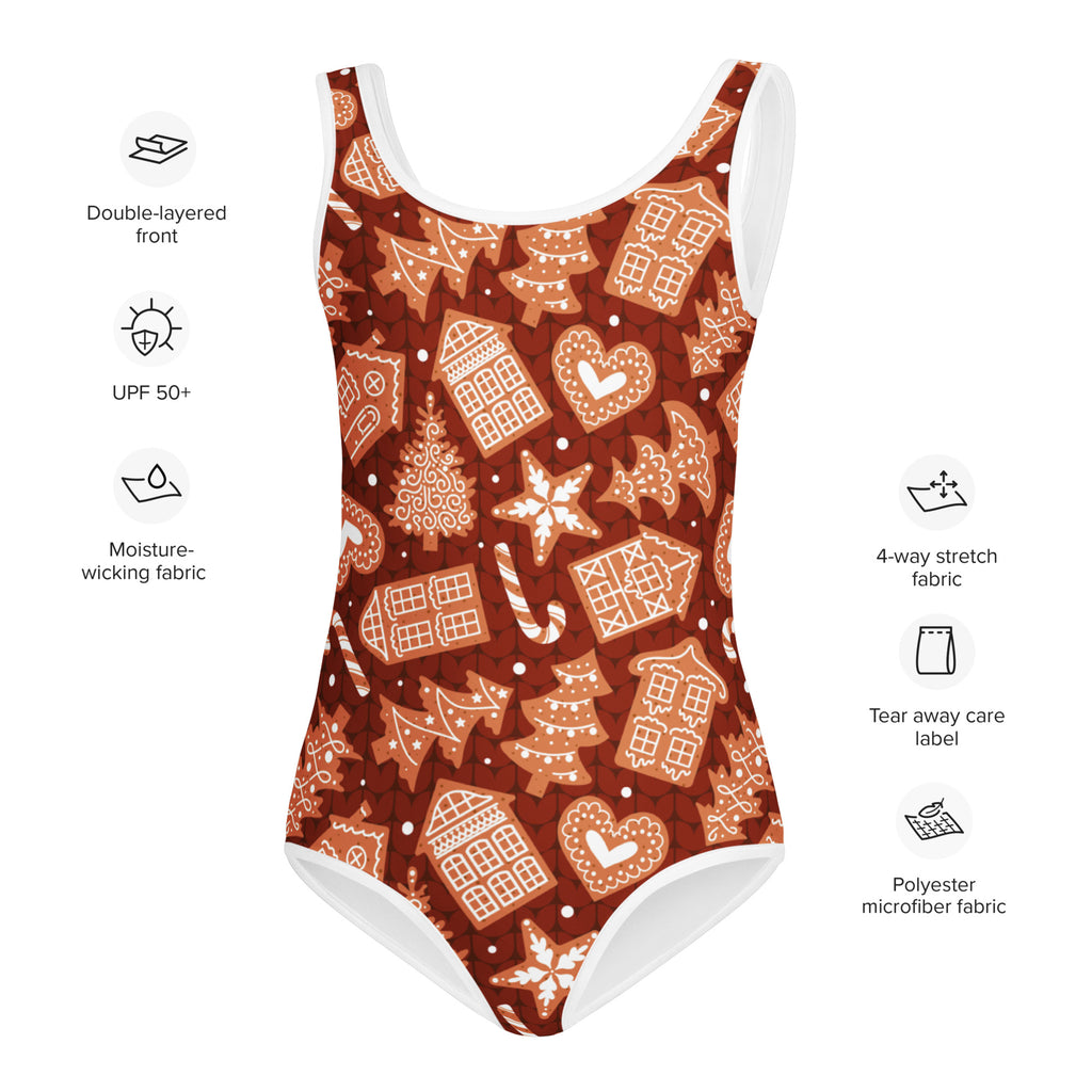 Girls red gingerbread cookie buttery soft one-piece swimsuit in brown with white trim and festive warm orange patterns