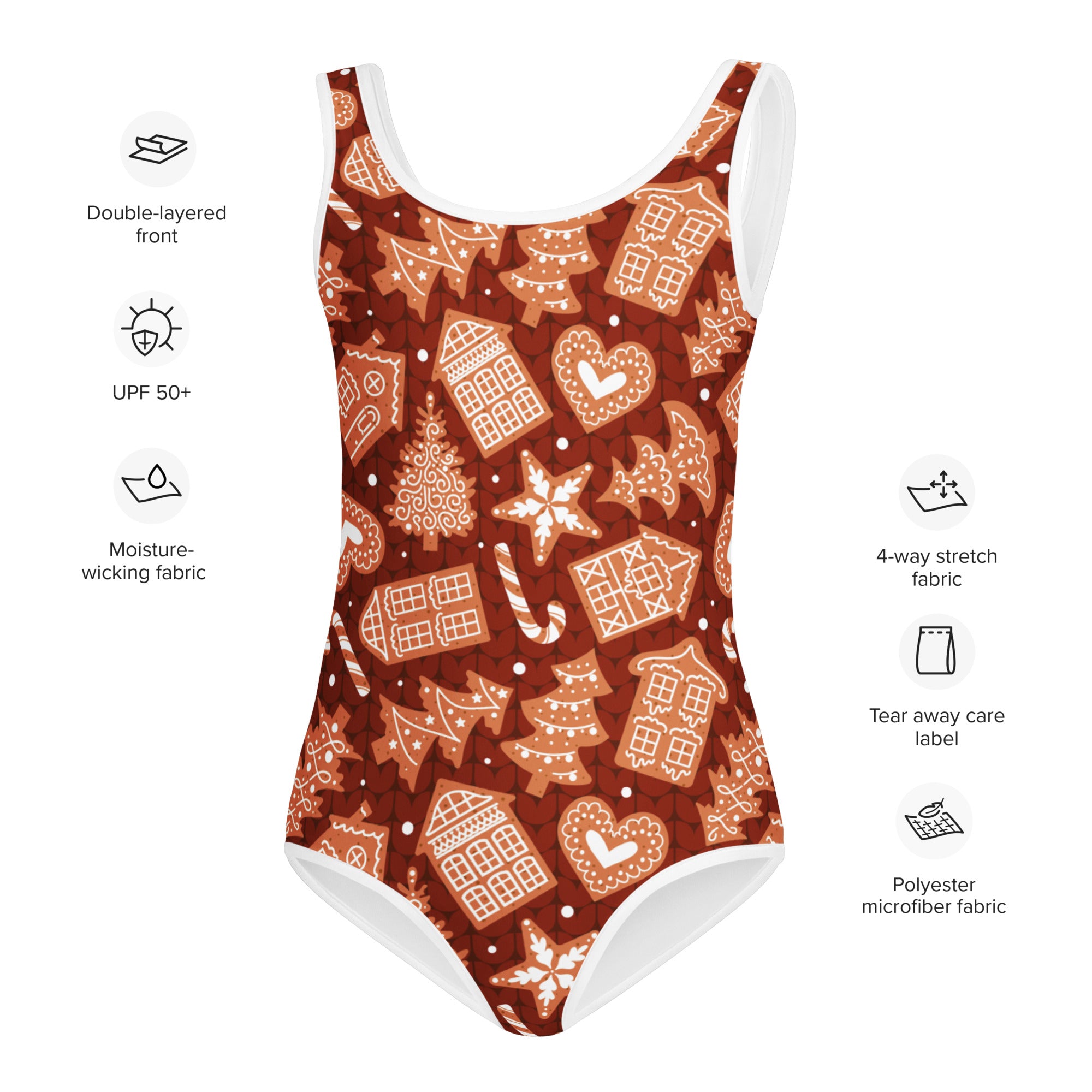 Girls red gingerbread cookies buttery soft leotard in brown with white trim featuring festive patterns for dance and gymnastics