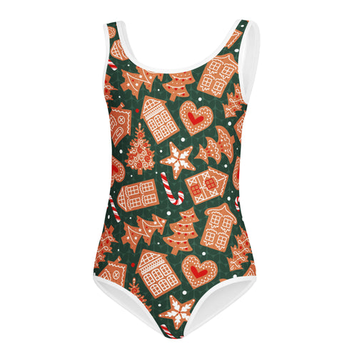 Girls green gingerbread cookies buttery soft one-piece swimsuit with festive candy cane and christmas tree pattern for dance and gymnastics