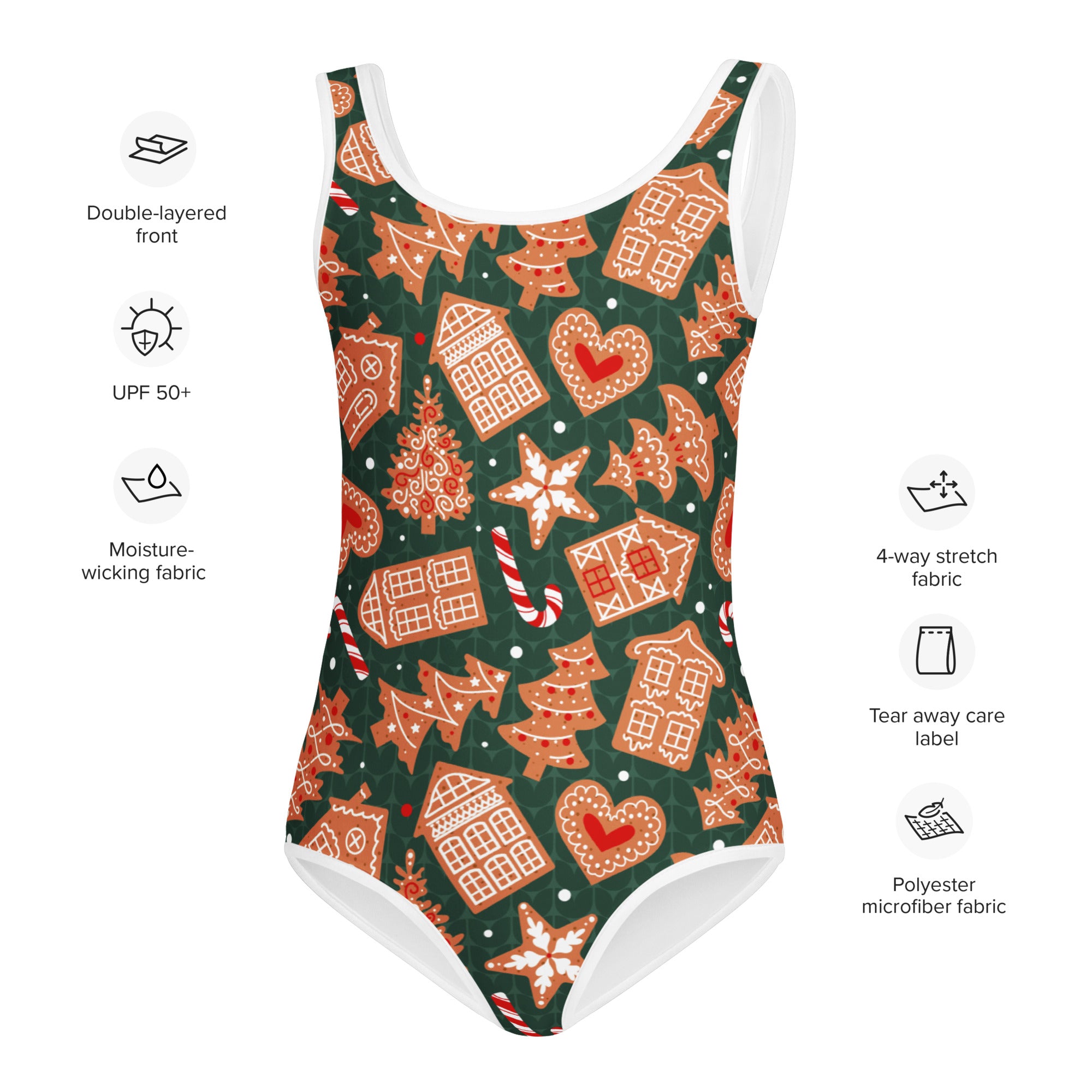 Girls green gingerbread cookie buttery soft one-piece swimsuit with upf 50 plus featuring festive gingerbread and candy patterns