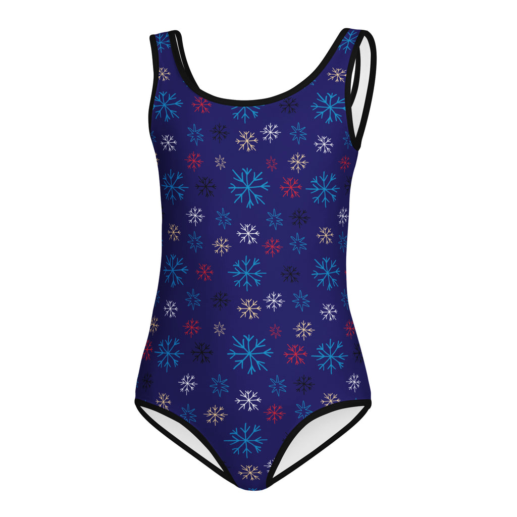 Girls blue snowflake buttery soft one-piece swimsuit with multicolored pattern quick drying for dance and gymnastics