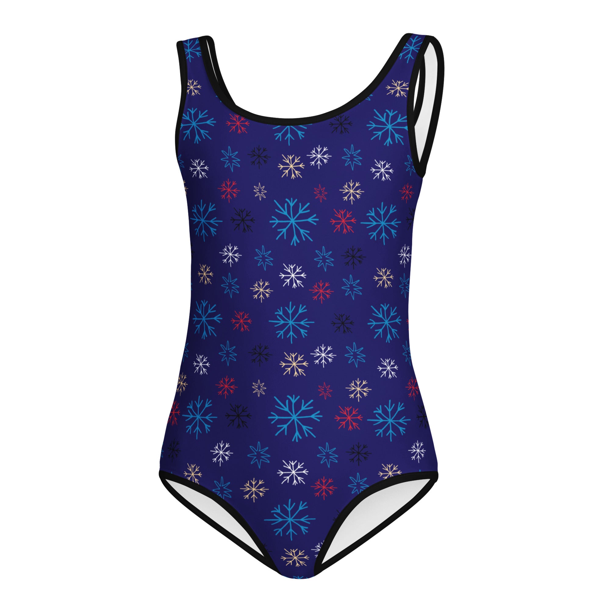 Girls blue snowflake buttery soft one-piece swimsuit with multicolored pattern quick drying for dance and gymnastics