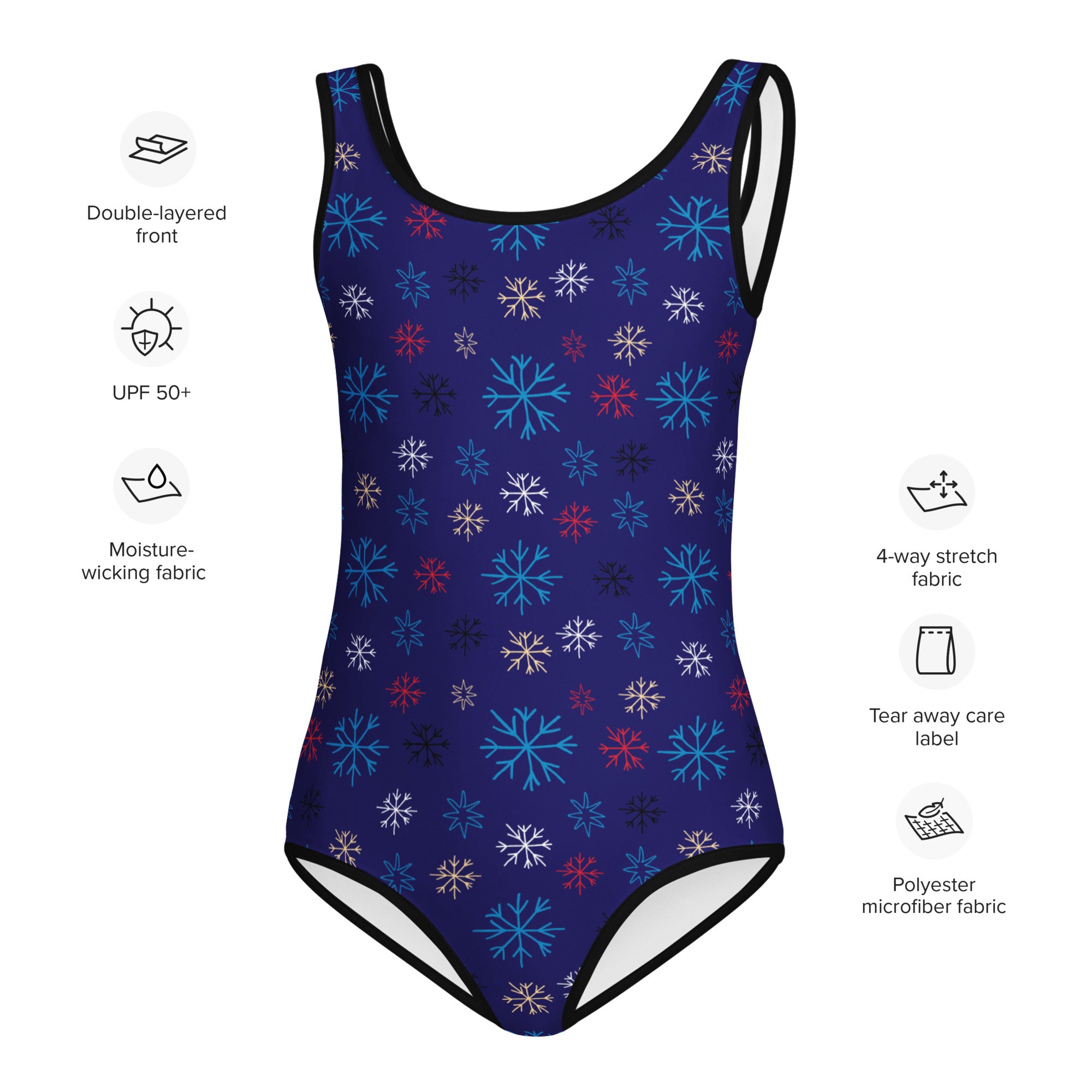 Girls winter snowflake buttery soft navy blue one-piece swimsuit with vibrant snowflake pattern and black trim, UPF 50+
