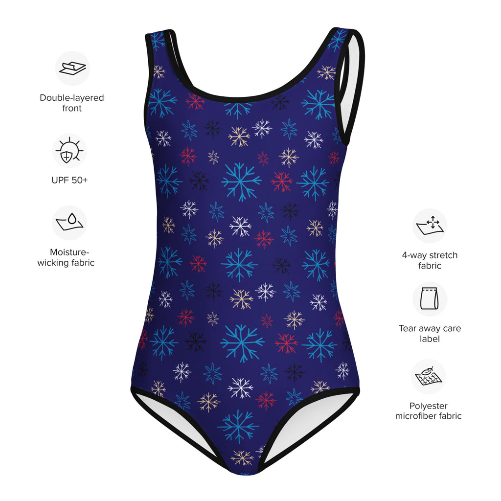 Girls blue snowflake buttery soft leotard with vibrant pattern black trim quick drying for dance and gymnastics