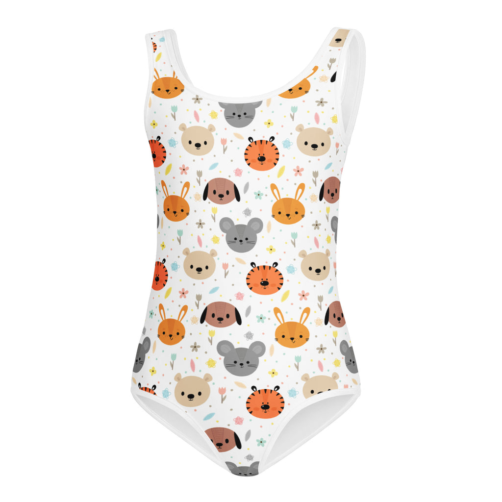 White one-piece swimsuit with playful orange beige and gray cartoon animal faces and floral accents for girls gymnastics