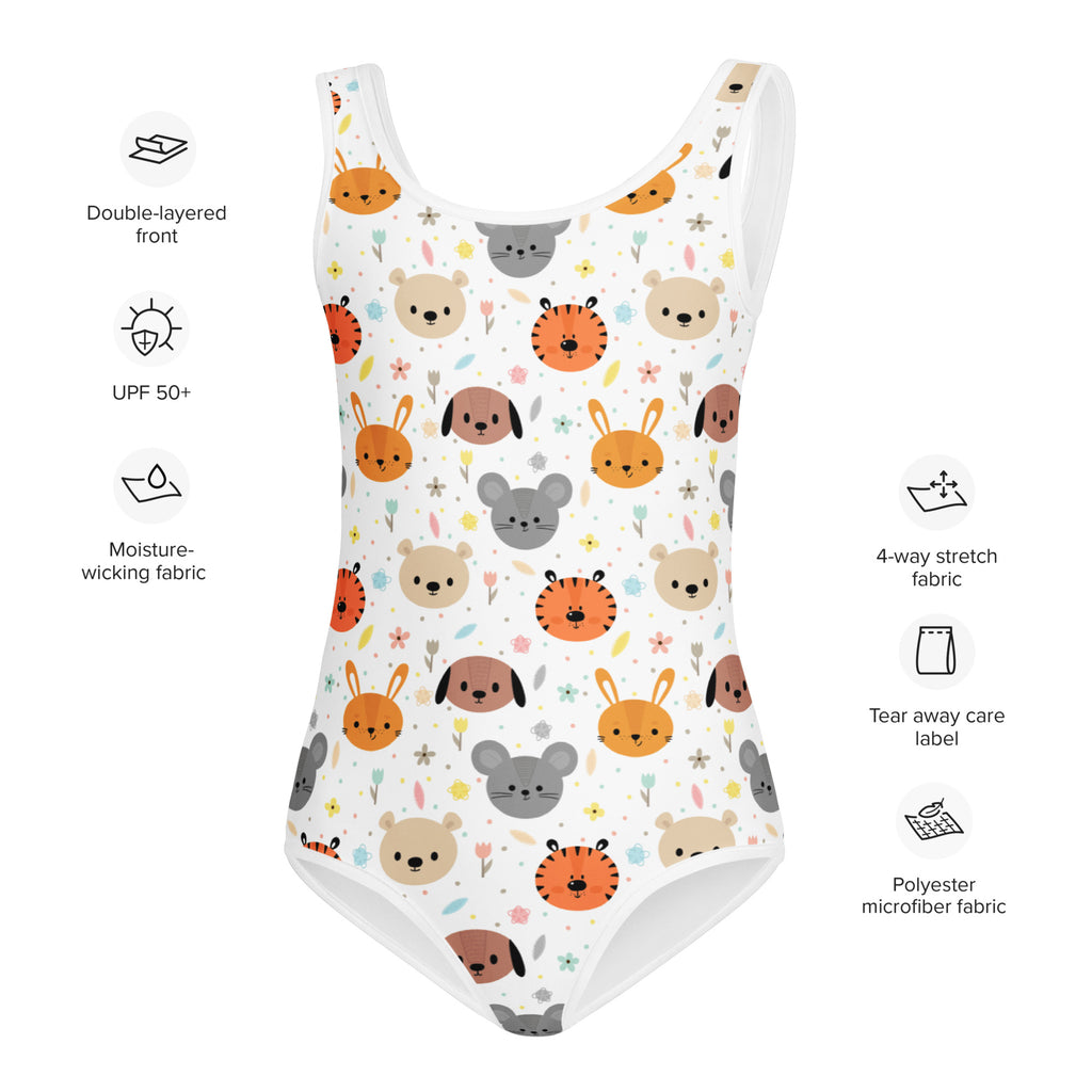 White girls one-piece swimsuit with playful cartoon animal pattern in orange brown and gray tones buttery soft with upf 50+