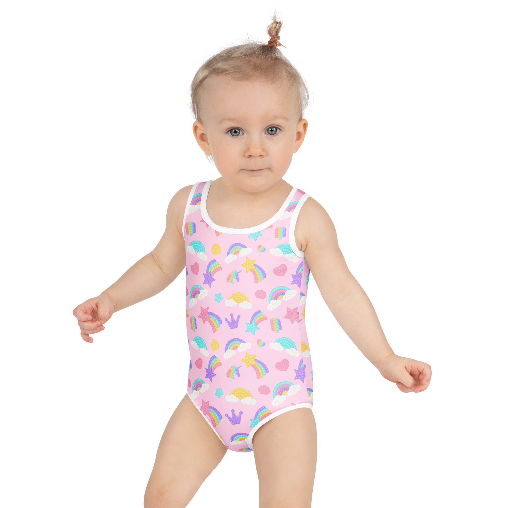 Girls fidget pop themed buttery soft pink one-piece swimsuit with white trim and colorful rainbow star crown cloud patterns
