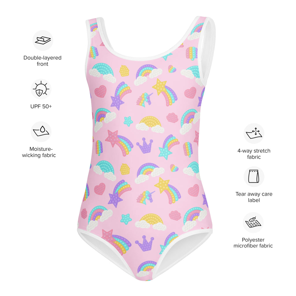 Girls fidget pop themed buttery soft pink one-piece swimsuit with rainbows stars crowns hearts and upf 50+ protection