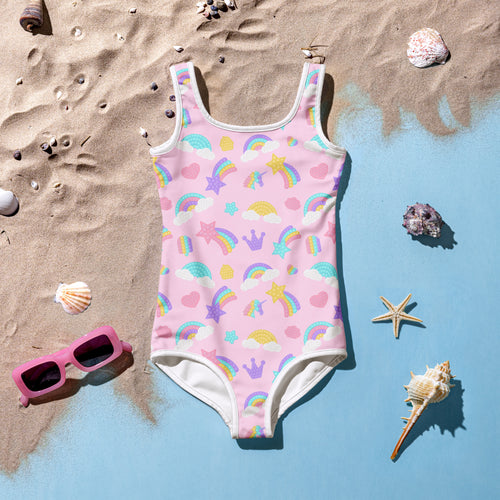 Pink girls fidget pop themed buttery soft swimsuit with playful rainbow star and crown pattern and upf 50+ protection