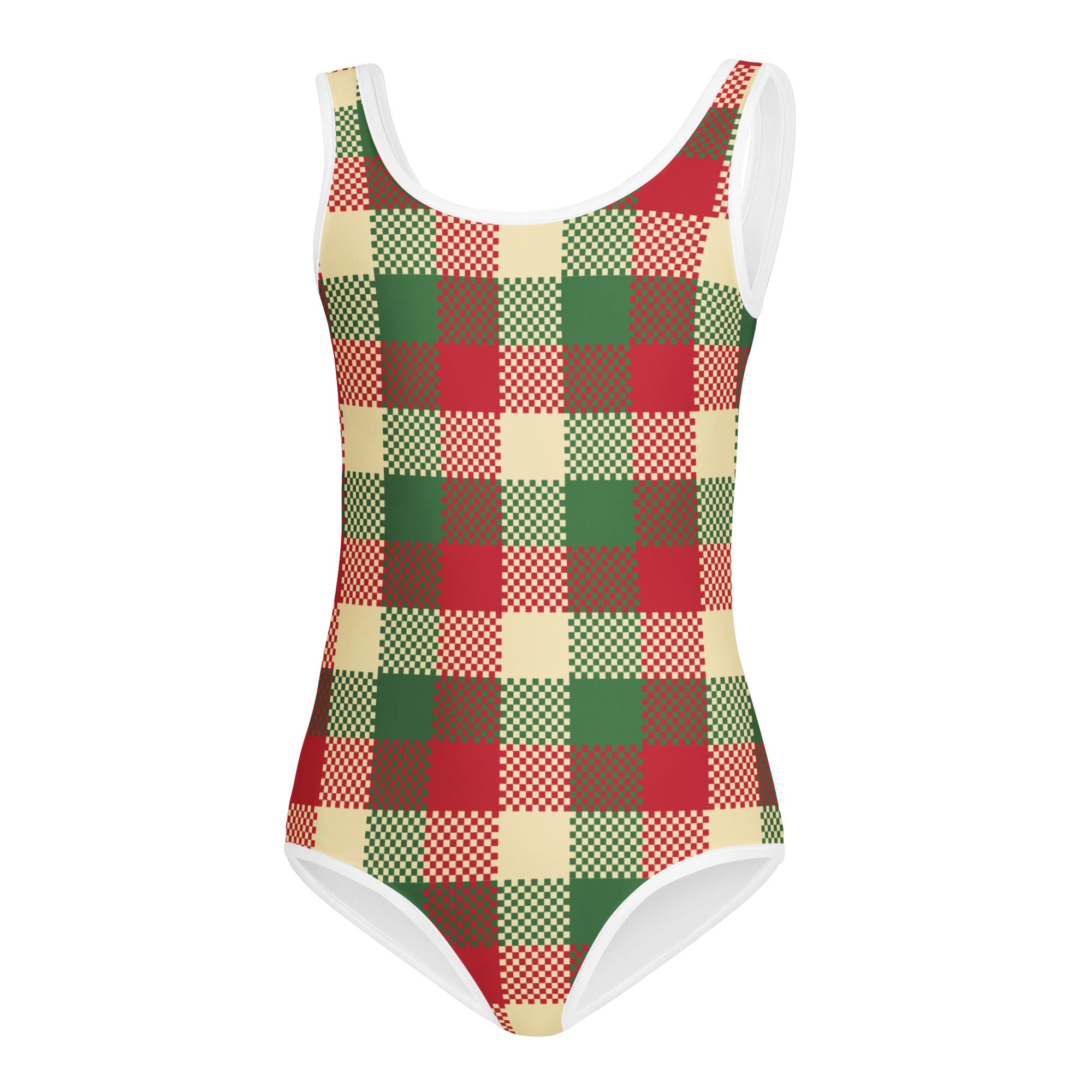 Girls christmas plaid buttery soft one-piece swimsuit in red green and cream with white trim for dance and gymnastics