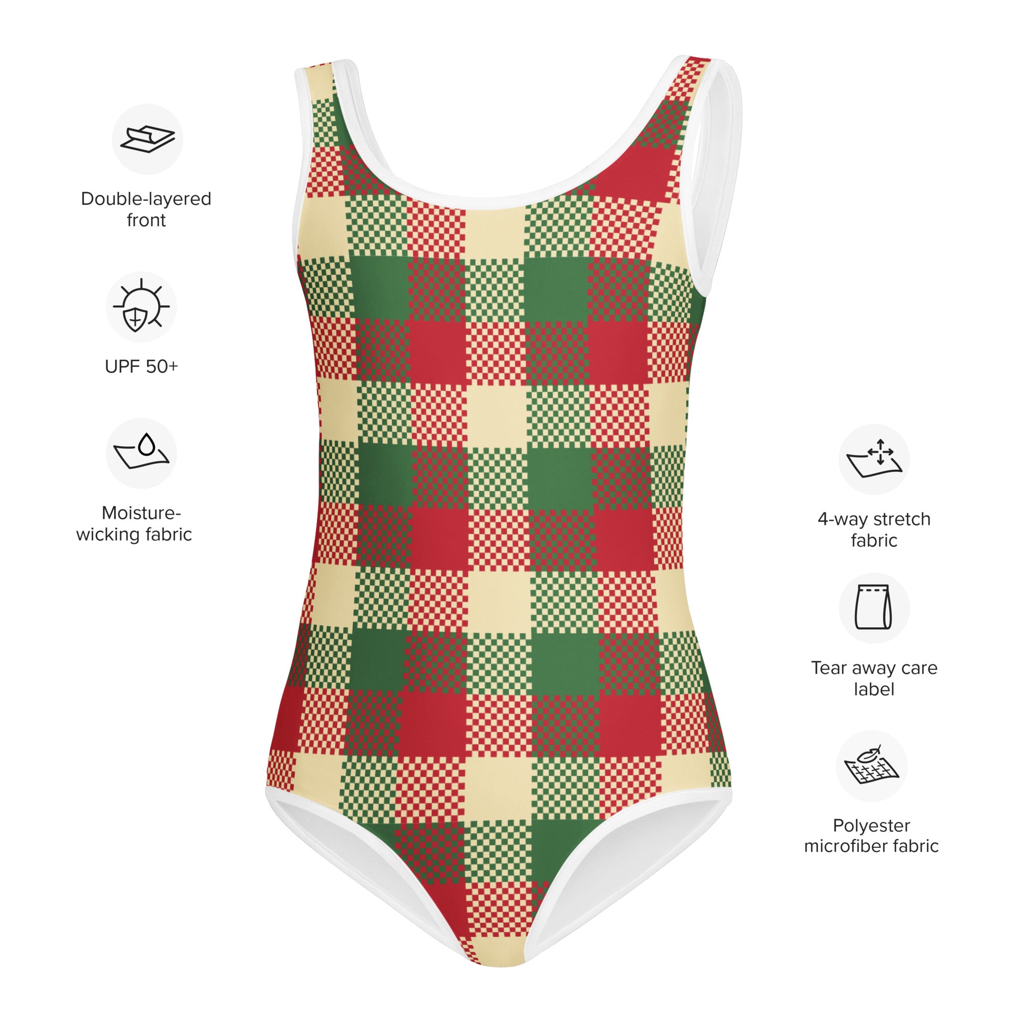 Girls Christmas plaid buttery soft one-piece swimsuit in red green and cream with white trim and UPF 50+ protection