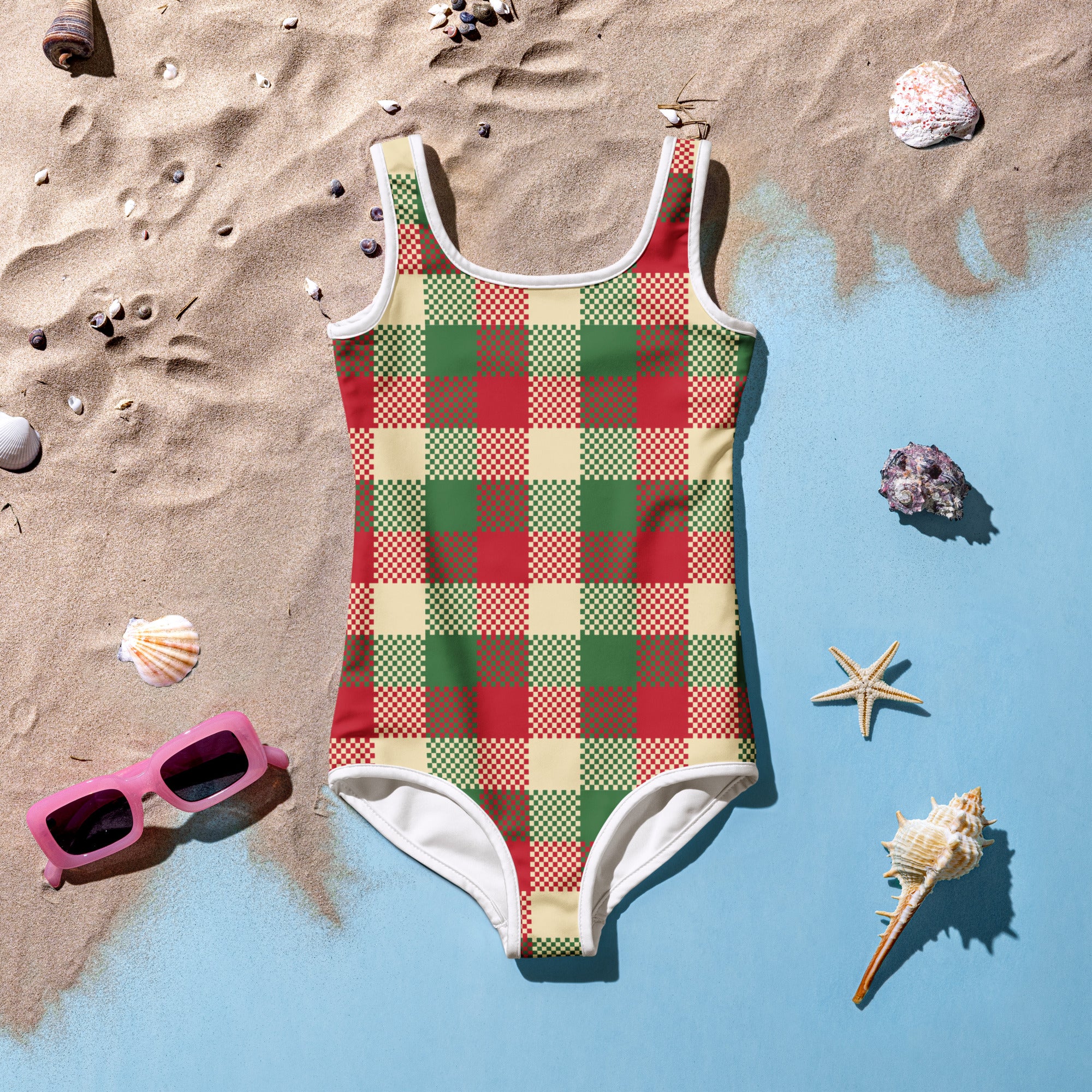 Girls christmas plaid buttery soft one-piece swimsuit with upf 50+ in red green beige with white trim