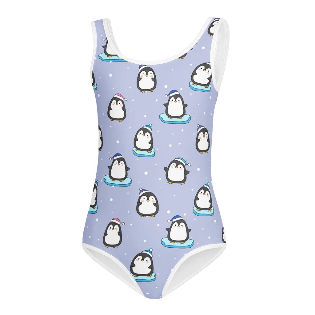Girls winter penguin buttery soft light purple one-piece swimsuit with cartoon penguin pattern and white trim for dance gymnastics