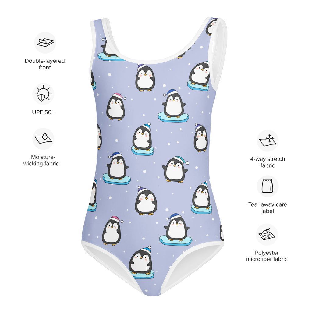 Lavender girls winter penguin buttery soft leotard with cartoon penguins and white trim quick drying for dance and gymnastics