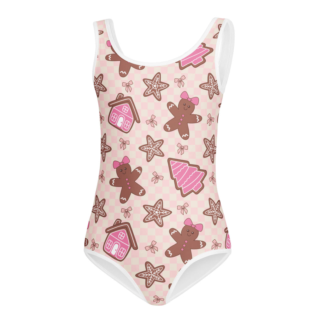 Girls pink gingerbread buttery soft quick drying leotard with festive gingerbread house star and figure pattern for dance