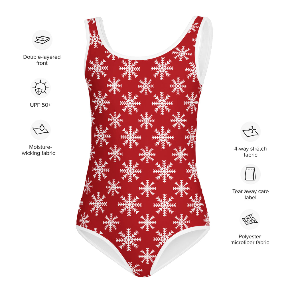 Girls red one-piece buttery soft swimsuit with white snowflake pattern white trim and upf 50 plus protection