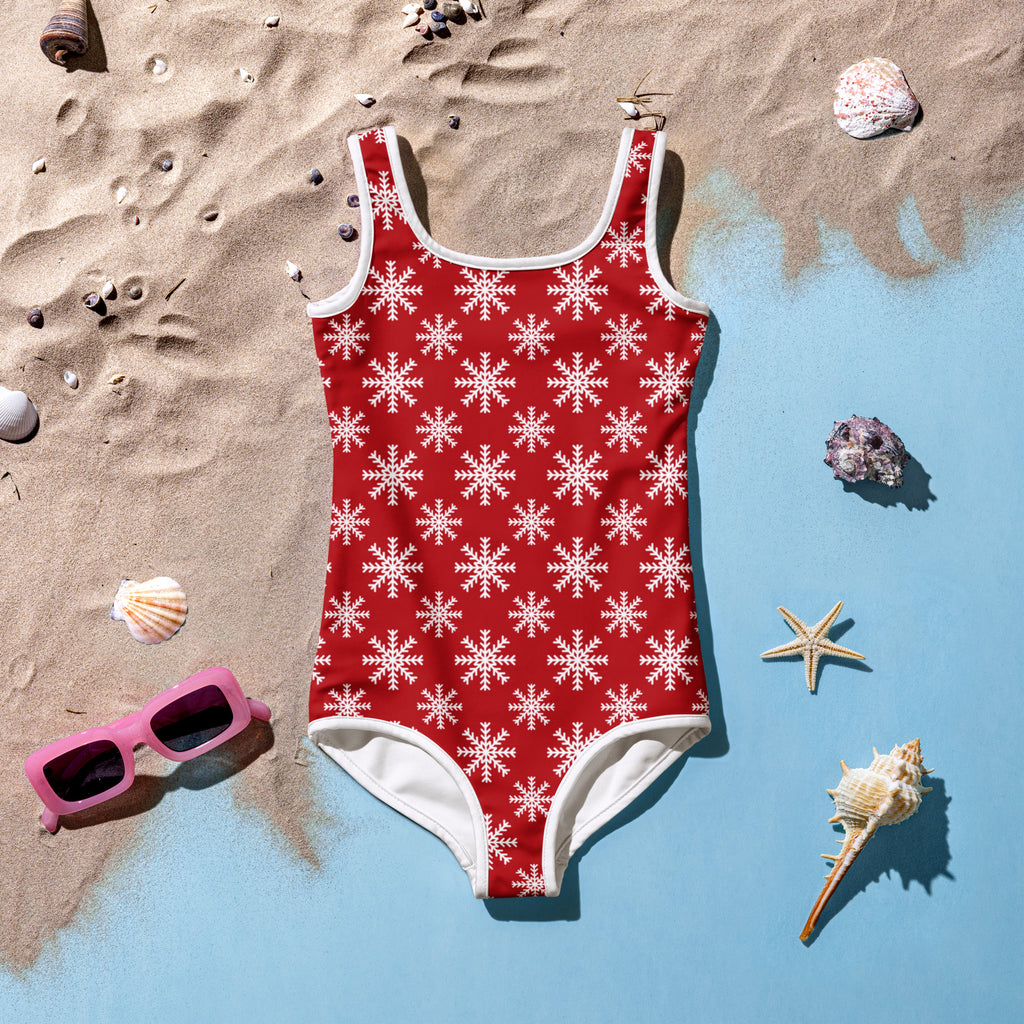 Girls red one-piece buttery soft swimsuit with white snowflake pattern white trim and upf 50 sun protection