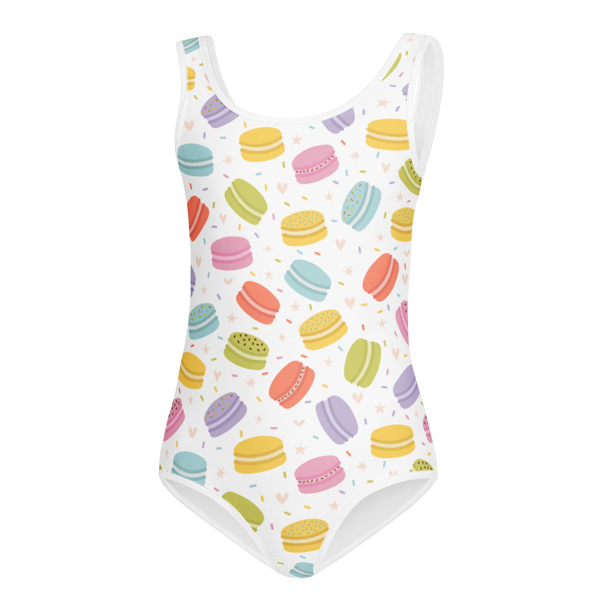 Girls pastel macaron buttery soft white one-piece swimsuit with colorful macarons quick drying for dance and gymnastics
