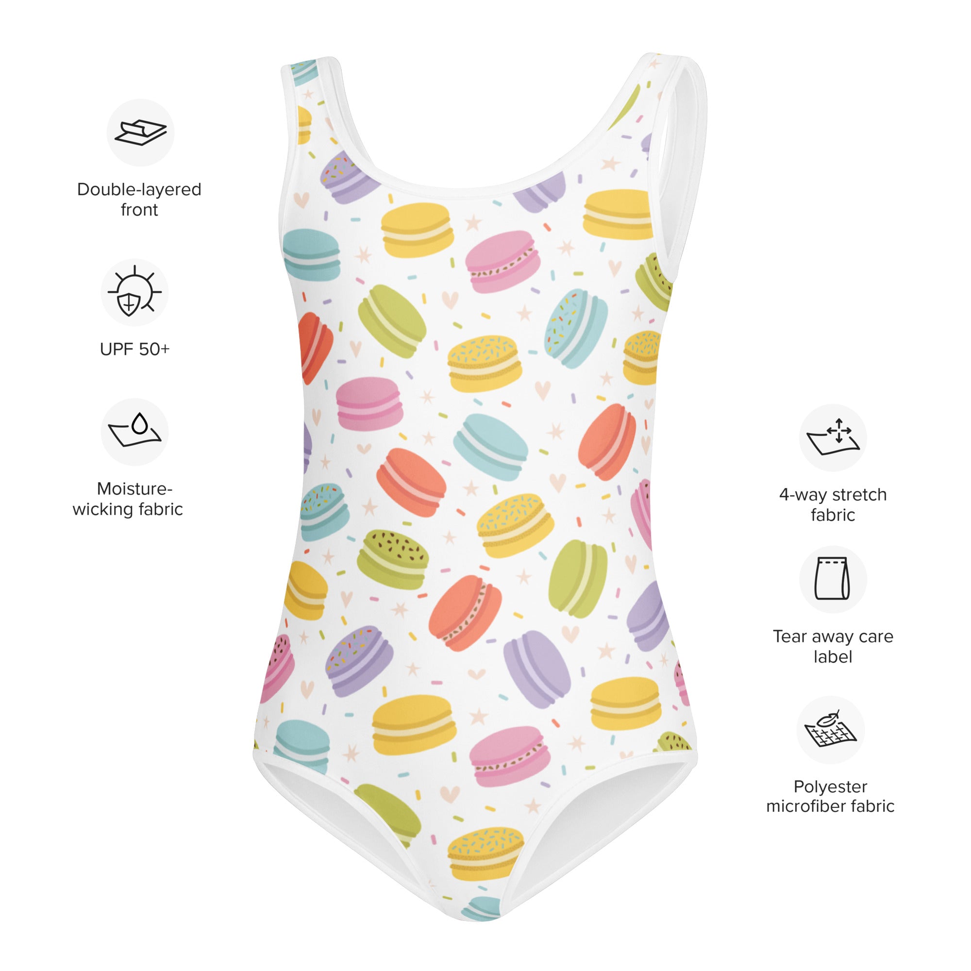 Girls pastel macaron buttery soft white one-piece swimsuit with colorful macarons and upf 50 plus sun protection