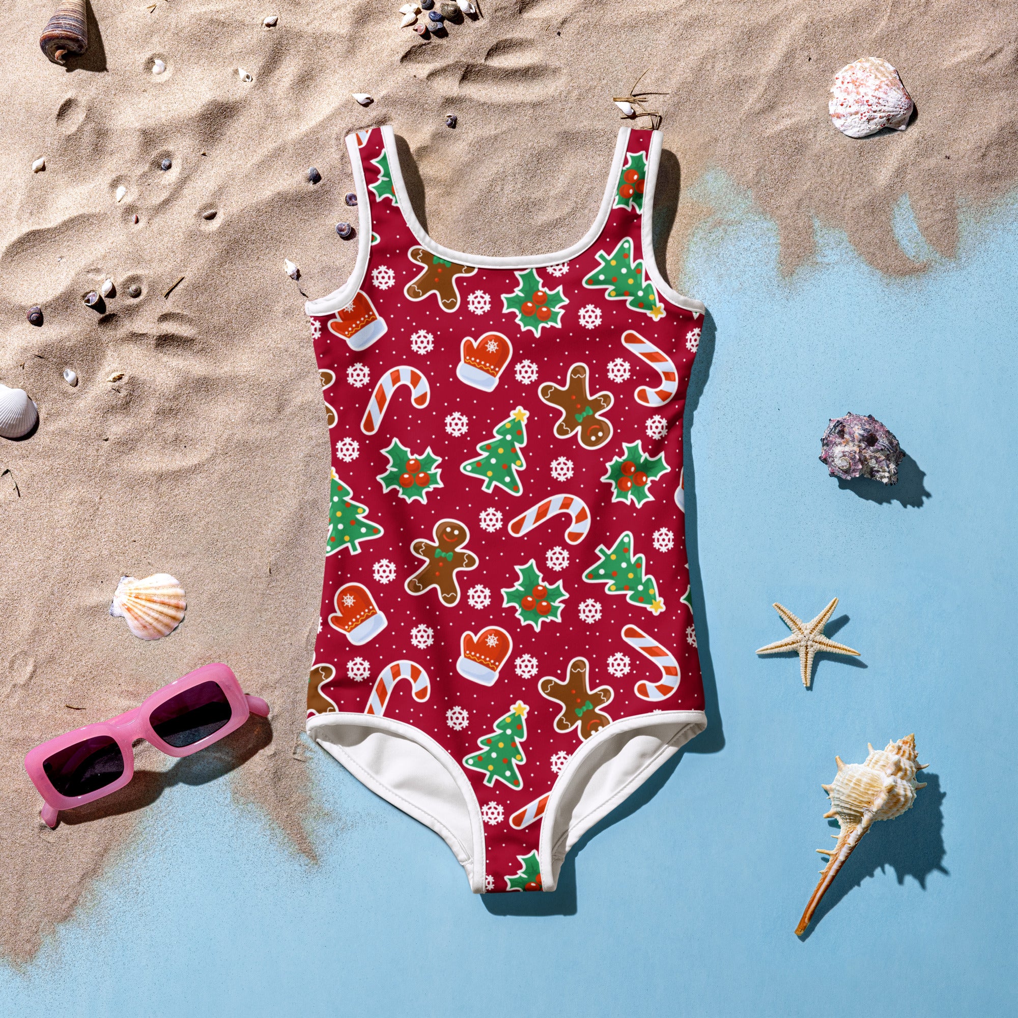 Girls red Christmas cookie one-piece swimsuit with festive print and buttery soft fabric with UPF 50 plus protection