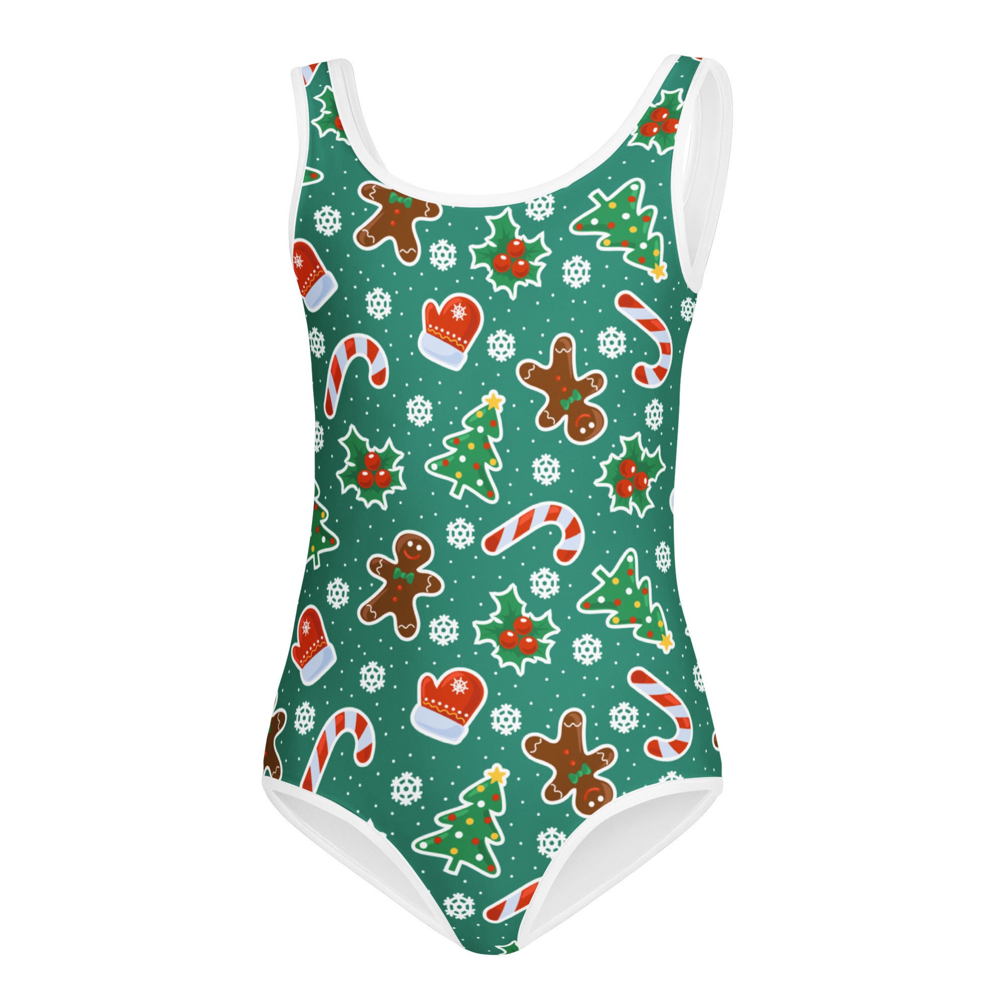 Girls green gingerbread Christmas buttery soft one-piece swimsuit with white trim featuring festive holiday patterns