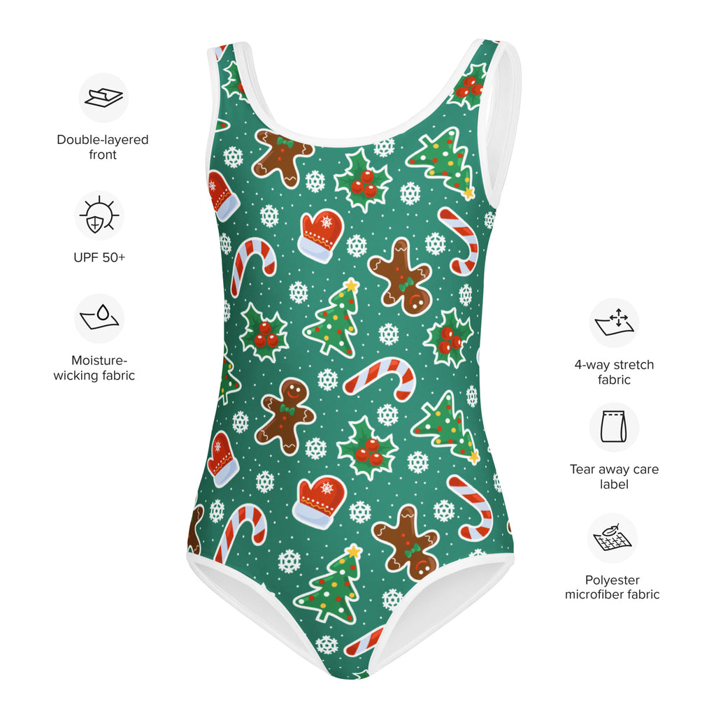 Girls green gingerbread christmas buttery soft quick drying one-piece swimsuit with festive candy cane and holly patterns
