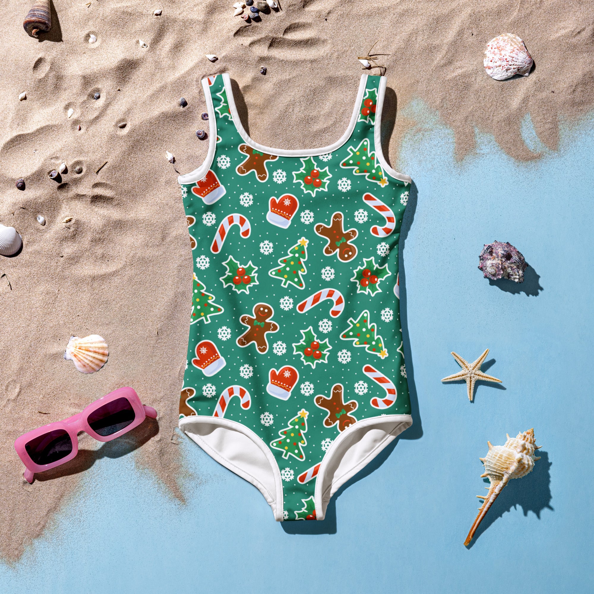 Girls green Christmas cookie buttery soft one-piece swimsuit with UPF 50 plus and festive print on teal background
