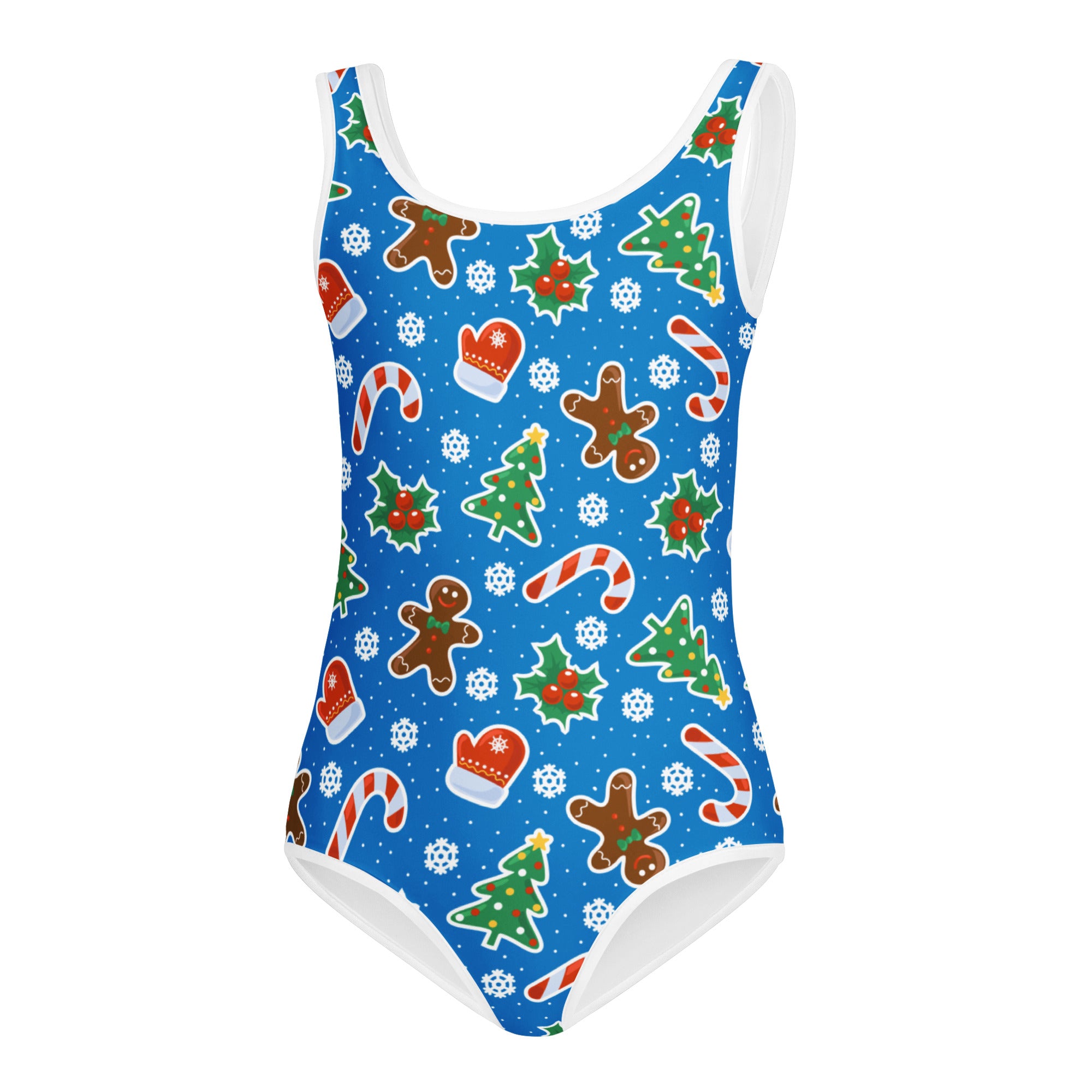 Girls blue gingerbread christmas buttery soft quick drying leotard with white trim for dance and gymnastics