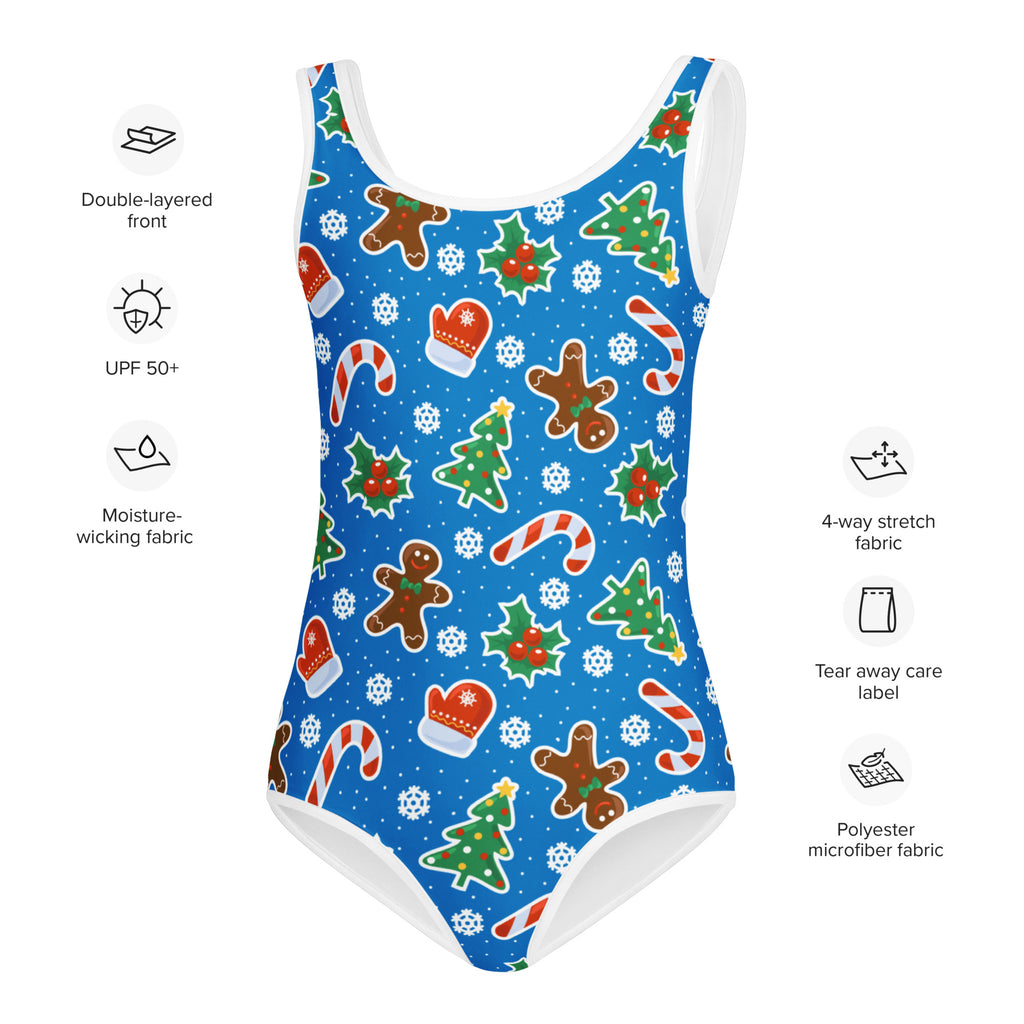 Girls blue gingerbread christmas buttery soft quick drying one-piece swimsuit with festive candy cane and holly designs