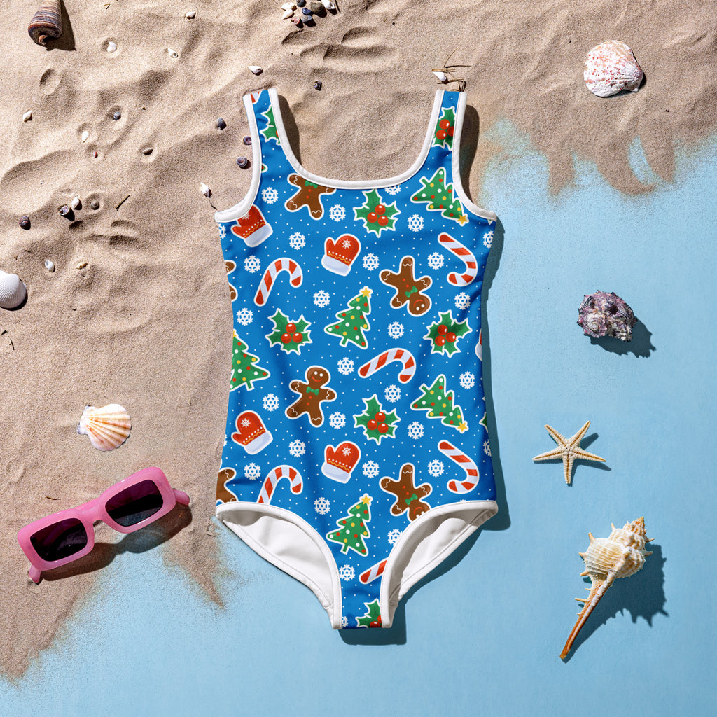 Girls blue christmas cookie buttery soft one-piece swimsuit with festive print and upf 50 plus protection