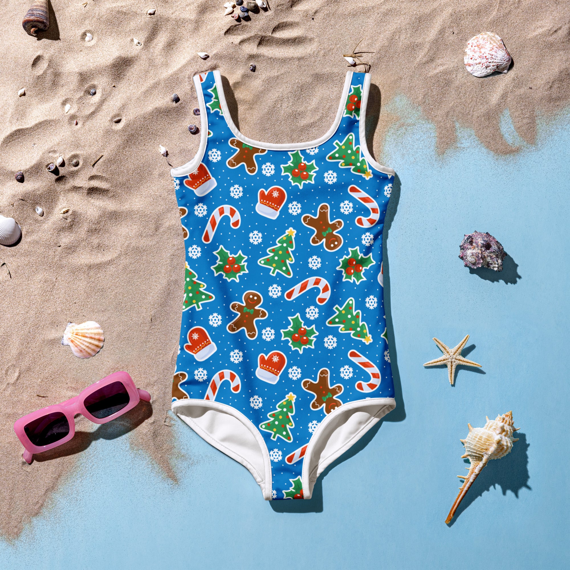 Girls blue christmas cookie buttery soft one-piece swimsuit with festive print and upf 50 plus protection