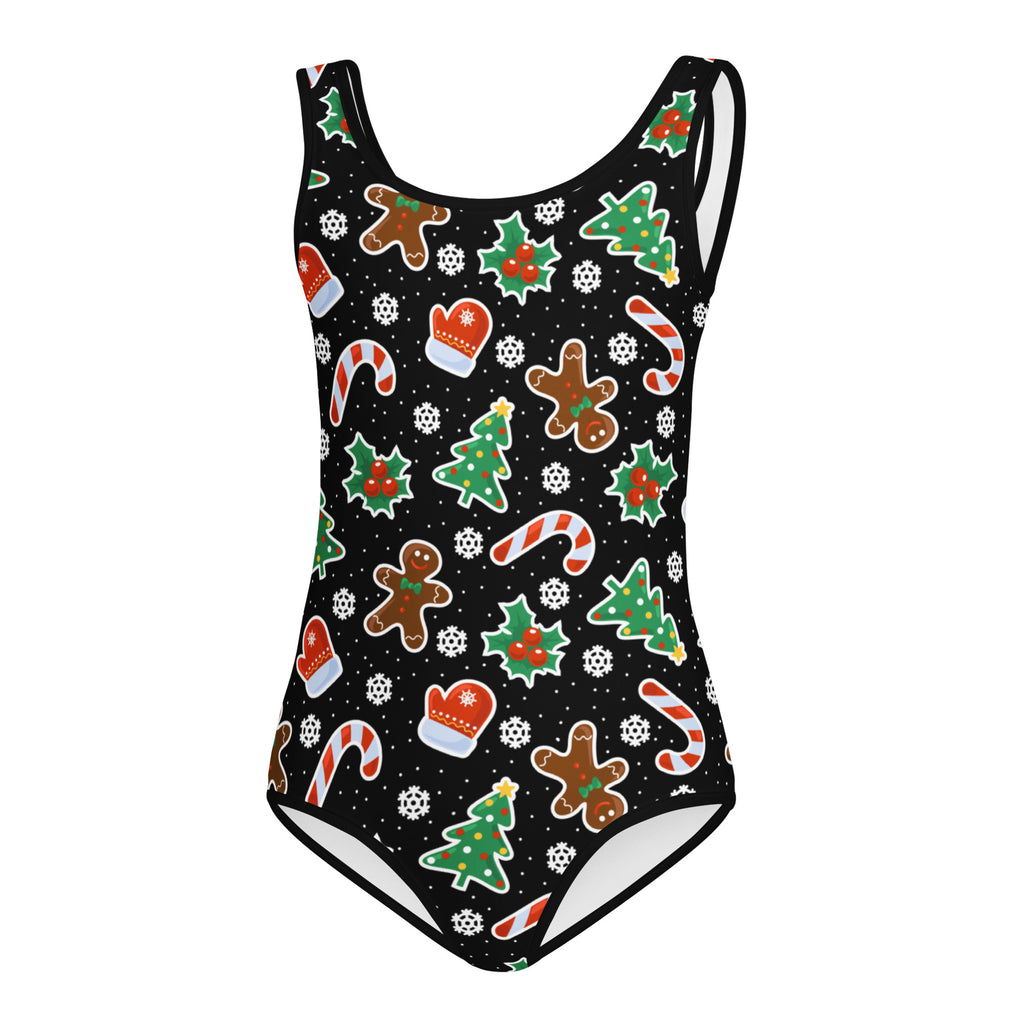 Girls black buttery soft quick drying leotard with gingerbread candy cane tree and mitten christmas graphics