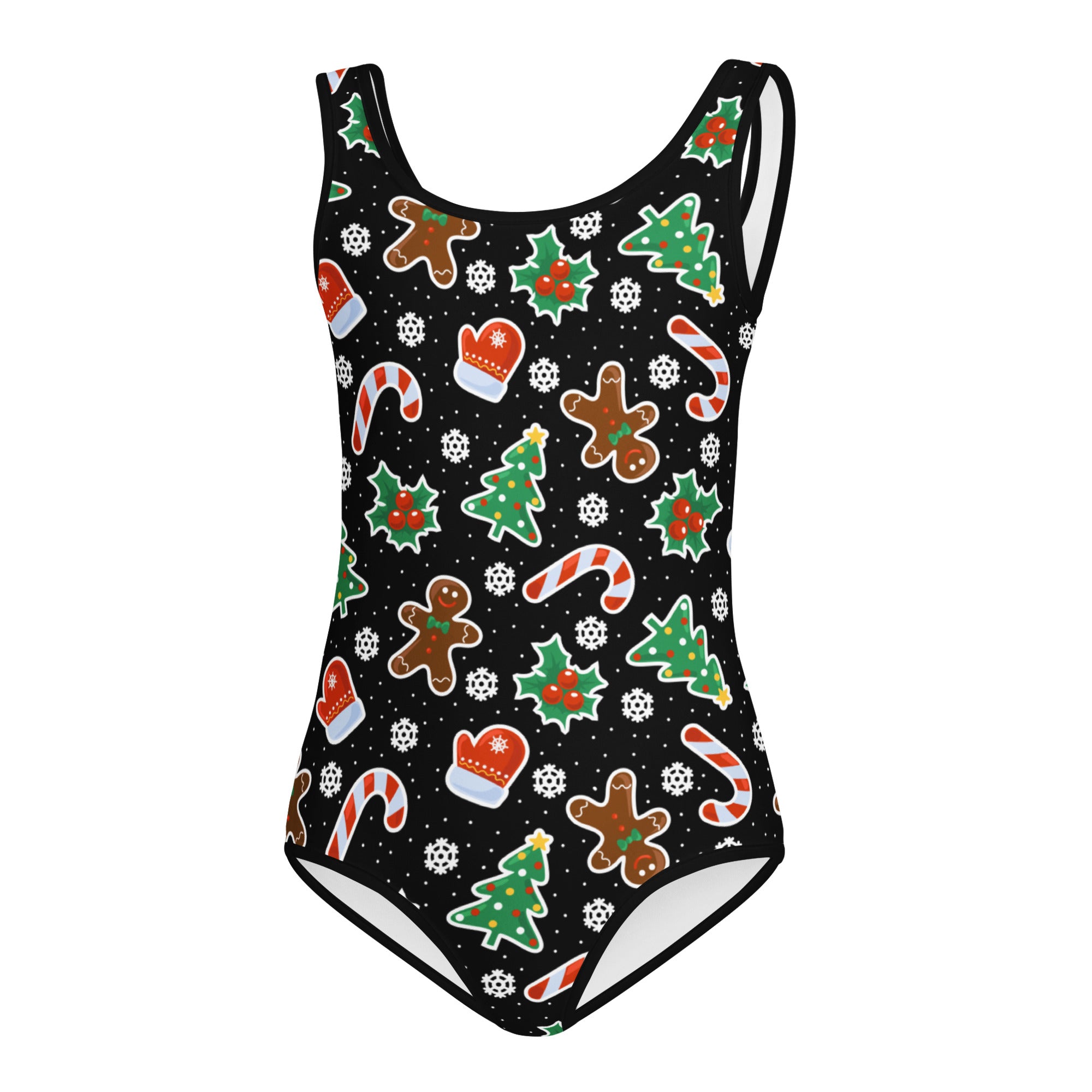 Girls black buttery soft quick drying leotard with gingerbread candy cane tree and mitten christmas graphics