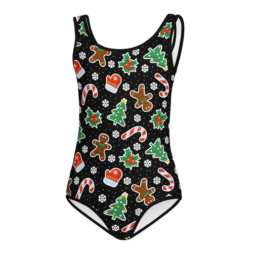Girls black buttery soft quick drying leotard with gingerbread candy cane tree and mitten christmas graphics