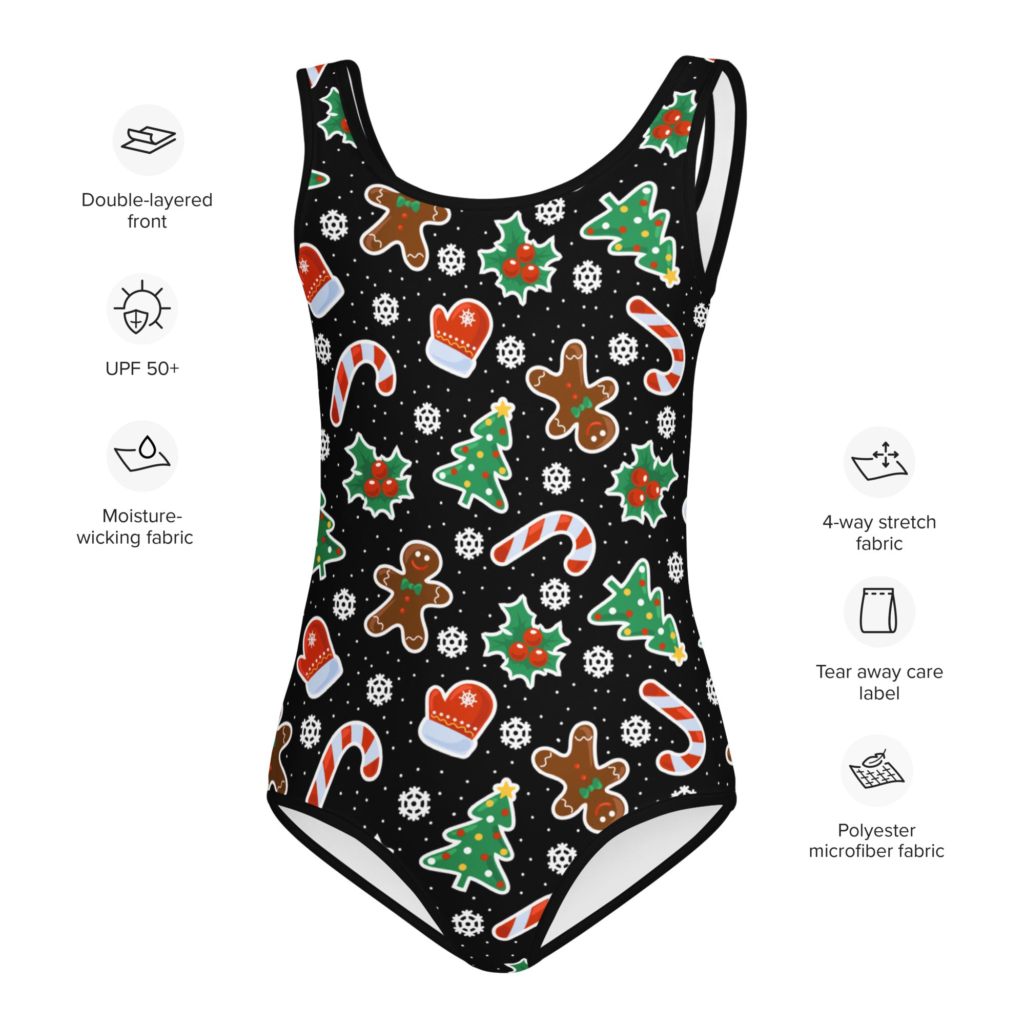 Girls black Christmas cookie buttery soft one-piece swimsuit with festive print and UPF 50+ sun protection