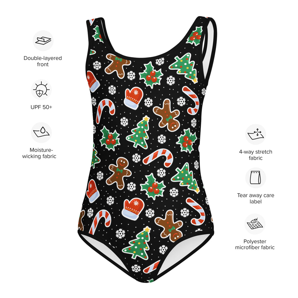 Girls black gingerbread christmas leotard with festive print in buttery soft quick drying fabric for dance and gymnastics