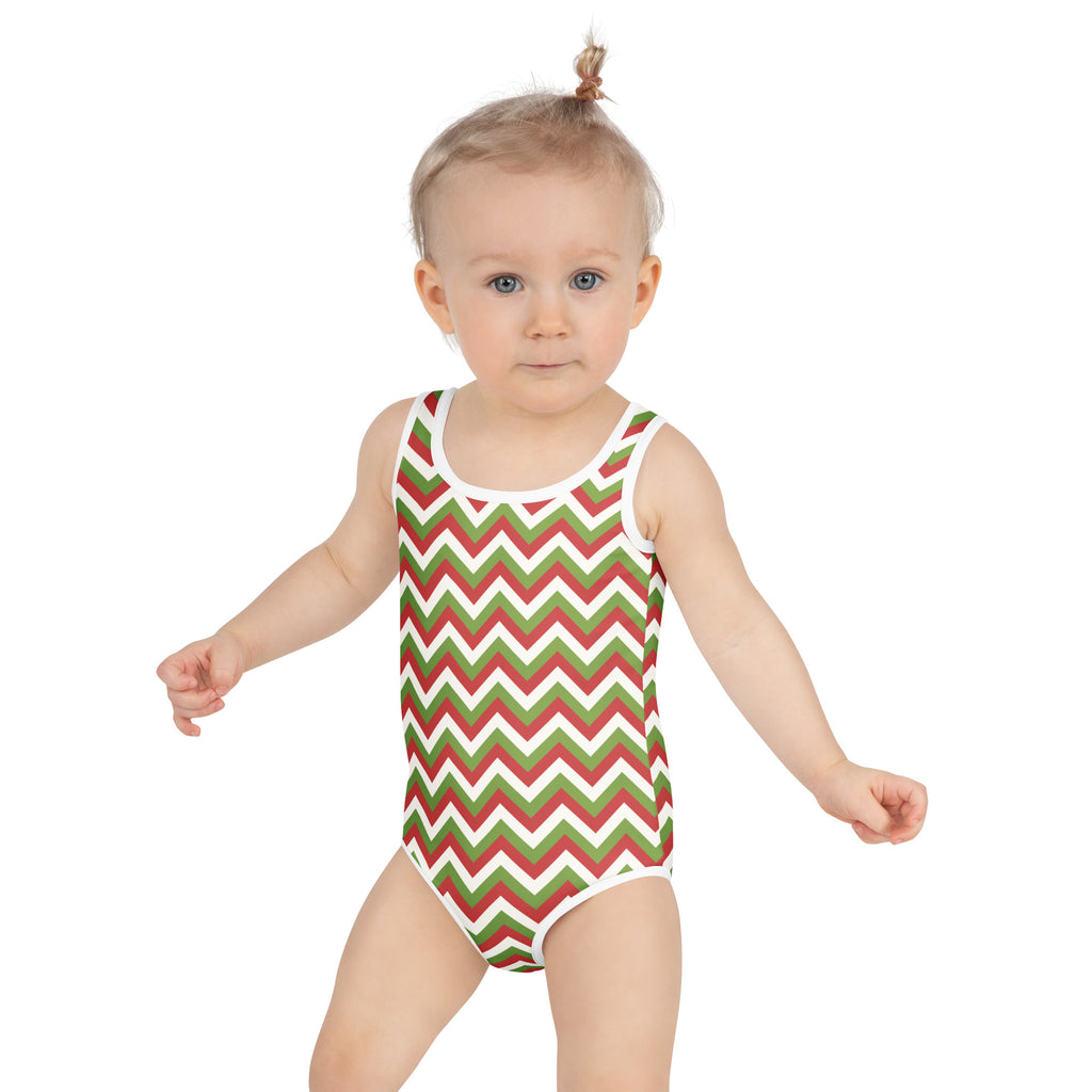 Toddler girls christmas chevron buttery soft one-piece swimsuit in red green and white with racerback and upf 50+ protection