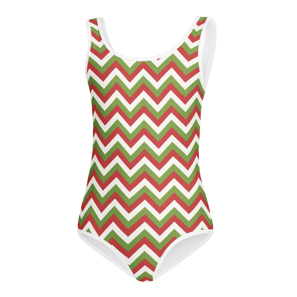 Girls chevron Christmas buttery soft one-piece swimsuit in red green white zigzag quick drying for dance and gymnastics