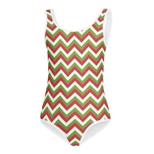 Girls chevron Christmas buttery soft one-piece swimsuit in red green white zigzag quick drying for dance and gymnastics