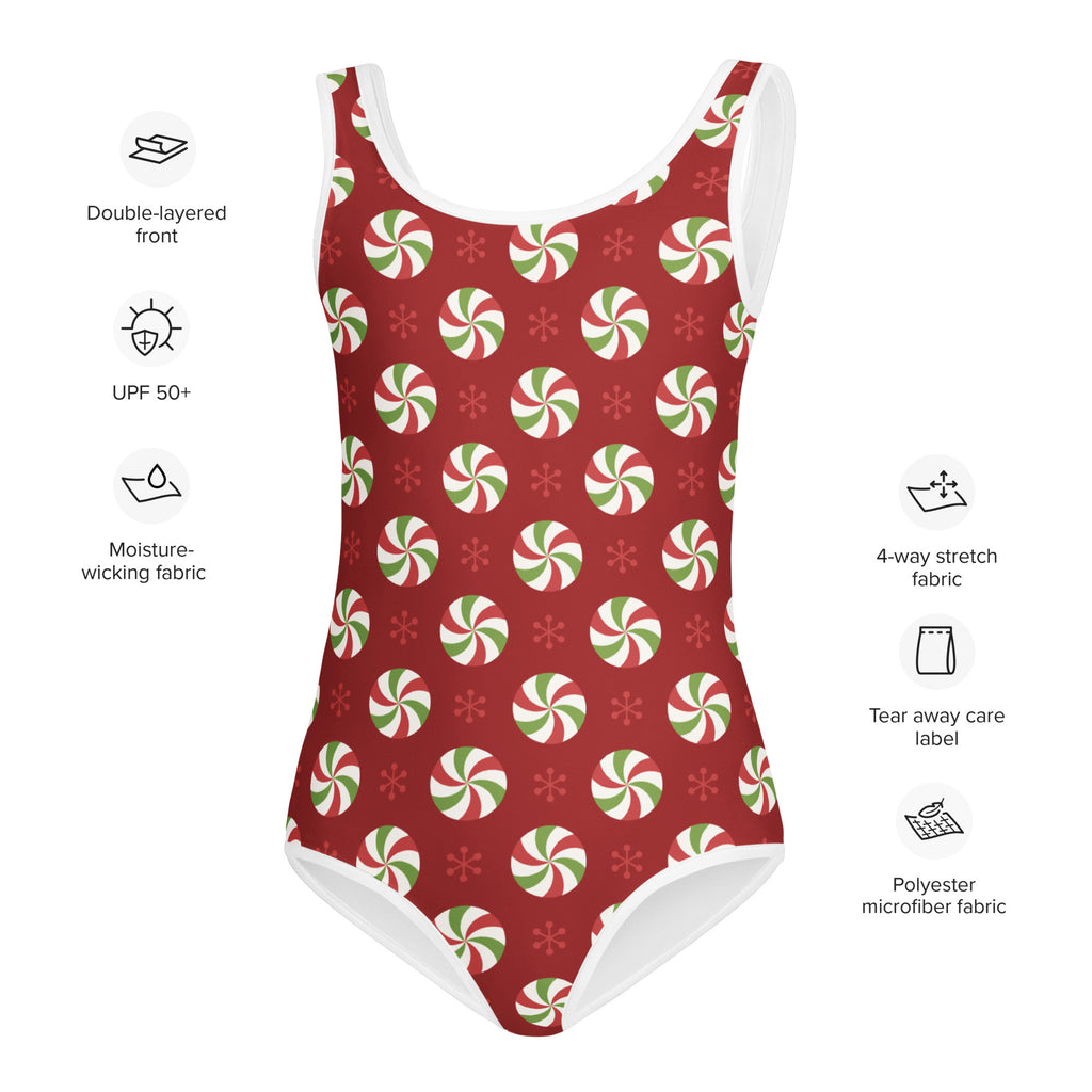 Girls peppermint candy christmas buttery soft swimsuit in red with green and white peppermint pattern and white trim