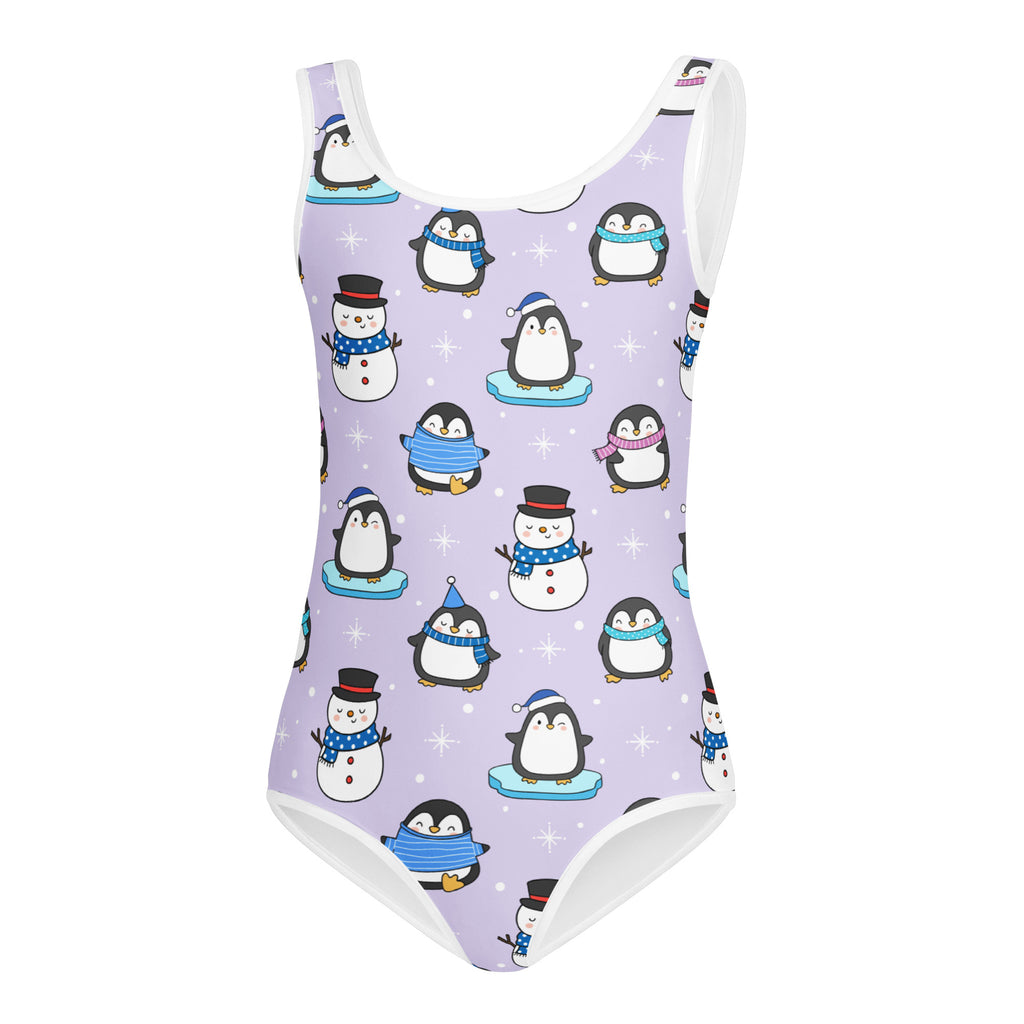 Girls lavender one-piece buttery soft leotard with penguin and snowman pattern quick drying for dance and gymnastics