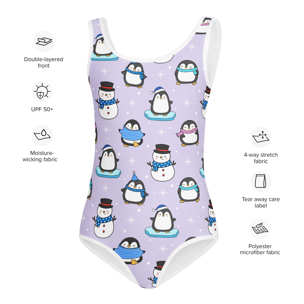 Girls winter penguin and snowman buttery soft lavender leotard with playful pattern for dance and gymnastics