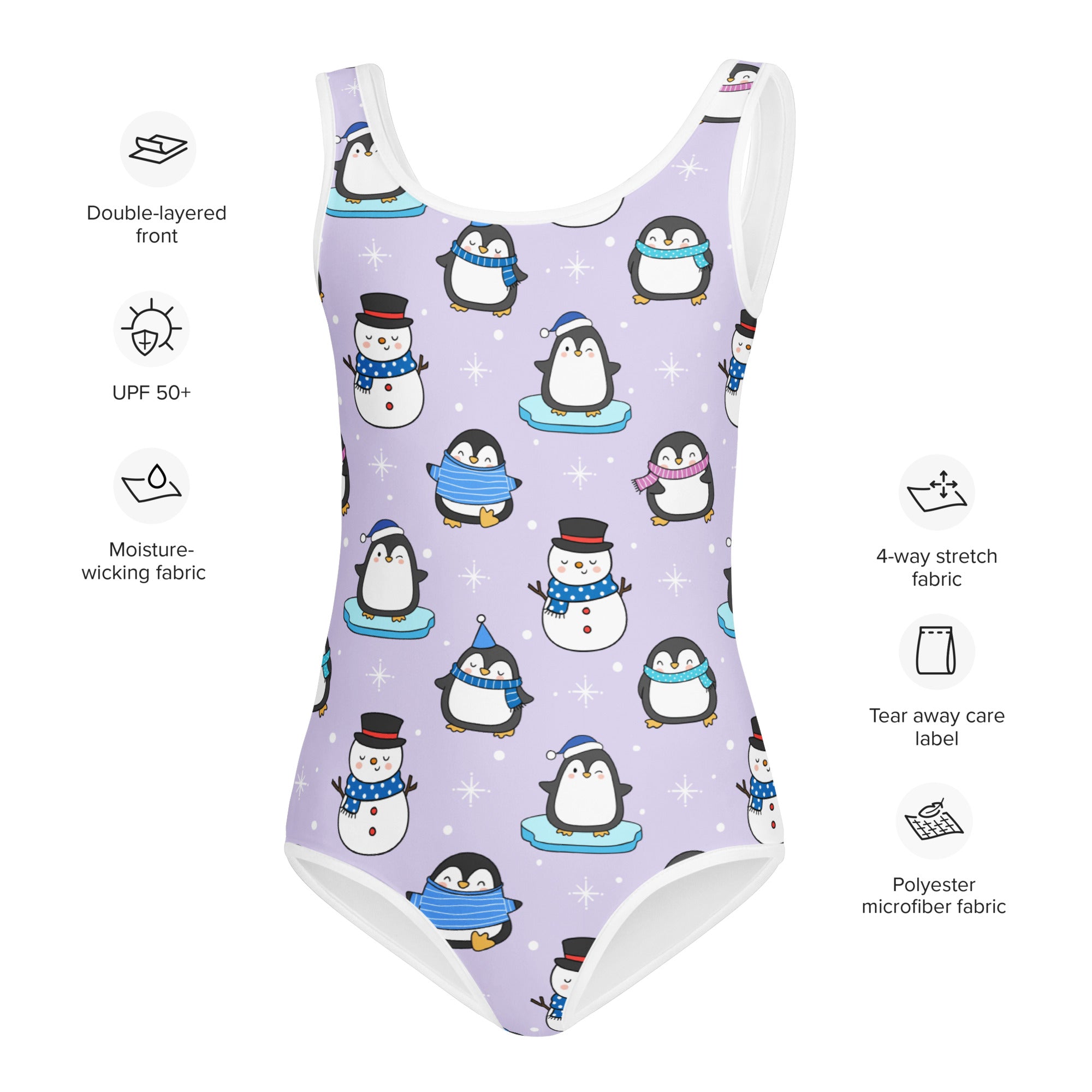 Girls winter penguin and snowman buttery soft lavender leotard with playful pattern for dance and gymnastics