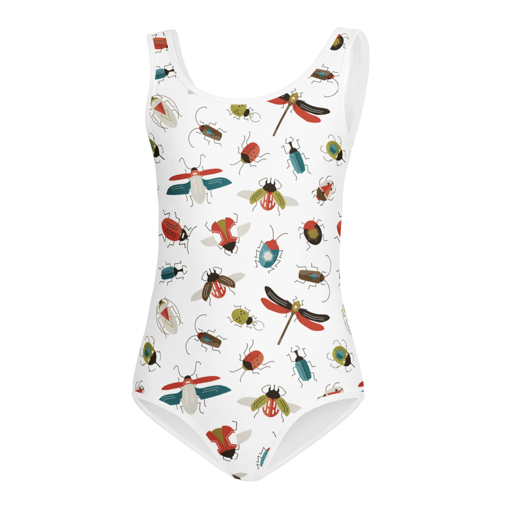 White girls one-piece swimsuit with colorful insect pattern in reds blues greens and teals quick drying buttery soft fabric